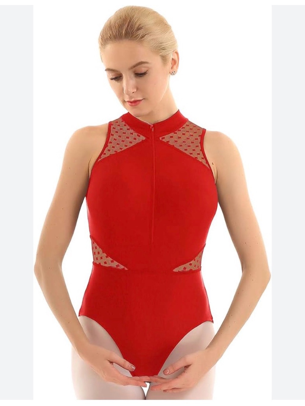 Dance Leotard ~ Red ~ Front Zip High Neck Lace Mesh Accents ~ Size L ~ Brand New
